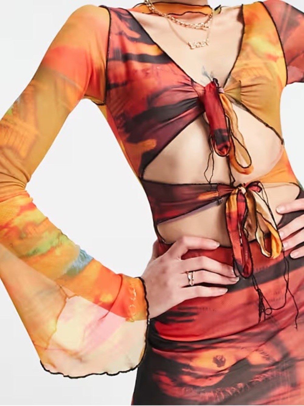 Jaded London Cut Out Mini Pixie Dress in Mesh Mix Print Sheer Colorful Tie Front